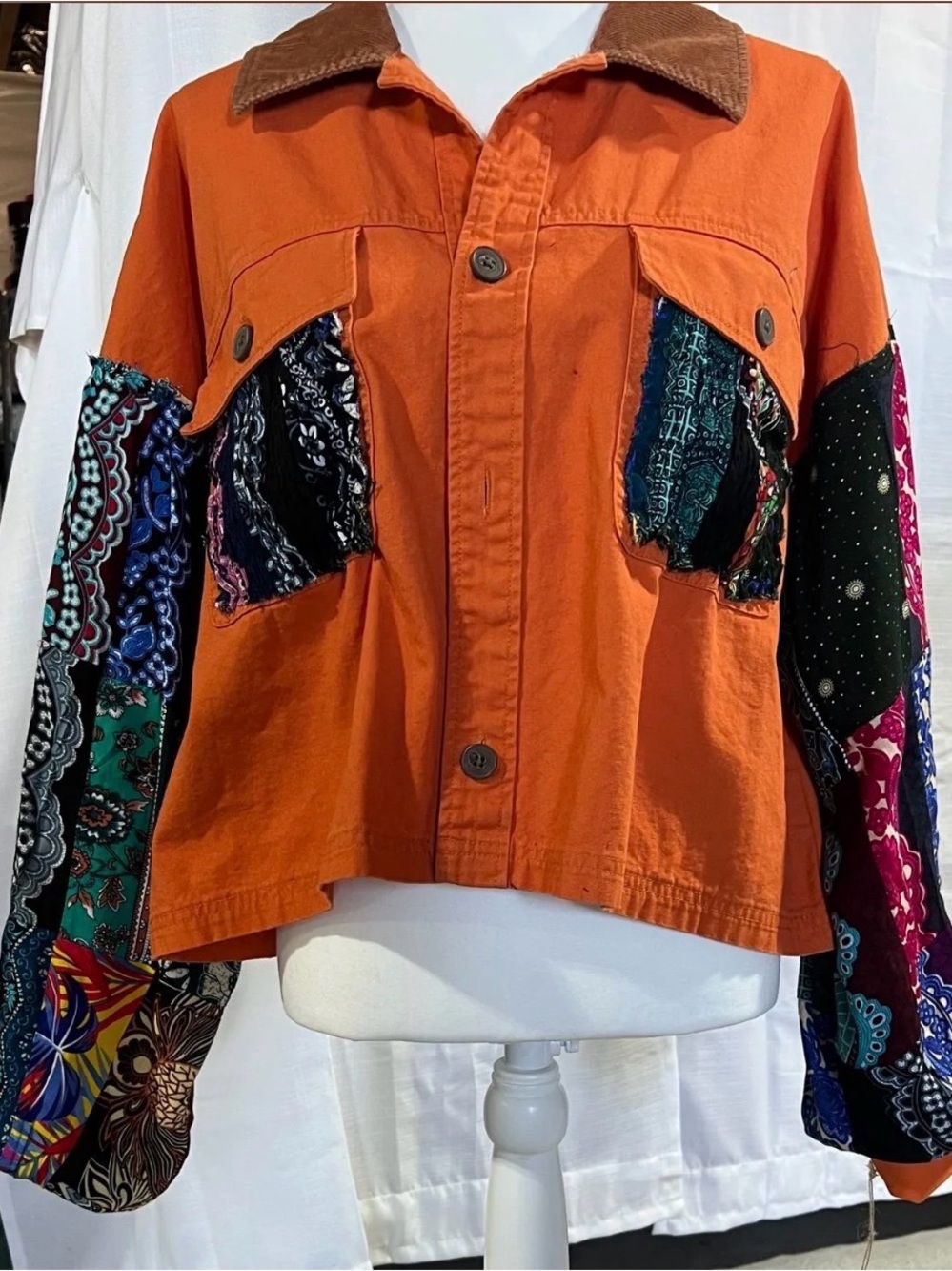 wild fable Patchwork Jean Jacket with Orange, Black & Multicolor Accents - Picture 3 of 3
